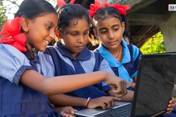 A rural child studying on a smartphone beside an urban student learning online, depicting India’s digital education divide