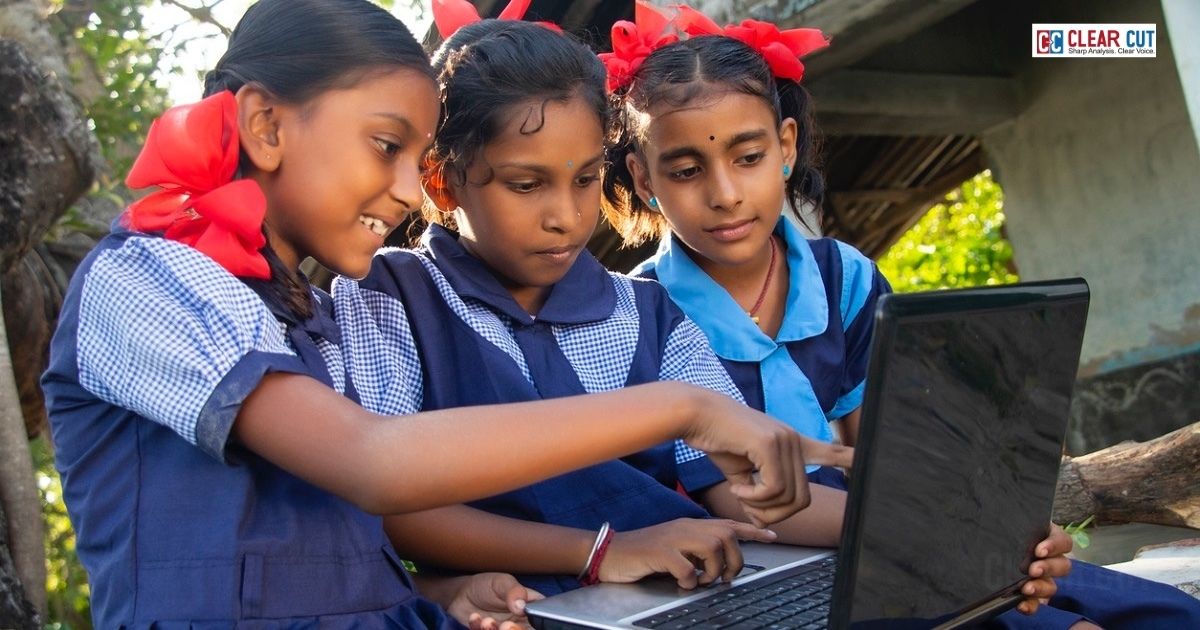 A rural child studying on a smartphone beside an urban student learning online, depicting India’s digital education divide