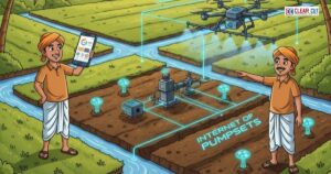 Drone spraying crops in an agricultural field in Andhra Pradesh, with sensors and digital monitoring icons representing AI, IoT and precision farming technologies.