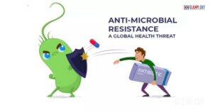 Graphic representation of antimicrobial resistance showing antibiotics and resistant bacteria.