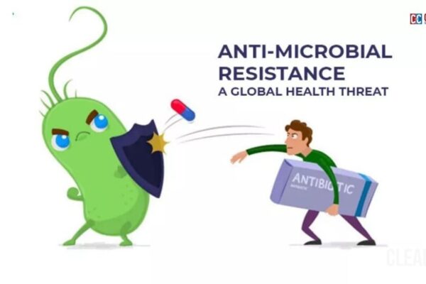 Graphic representation of antimicrobial resistance showing antibiotics and resistant bacteria.