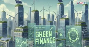 Green finance concept showing city skyline, renewable energy, and financial charts symbolizing sustainability-linked investments for SDGs.