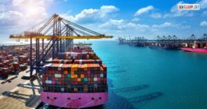 India’s Export Promotion Mission visual showing cargo containers, shipping, MSMEs, and rising trade growth.