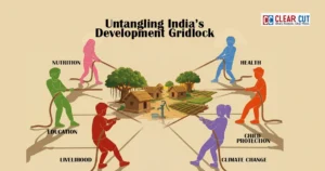 Illustration of integrated development pathways showing NGOs, CSR and government coordination across sectors in India.