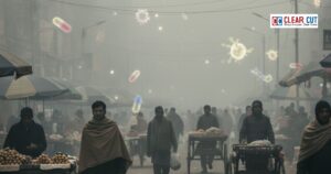 People wearing masks in a crowded Delhi market during winter smog conditions.