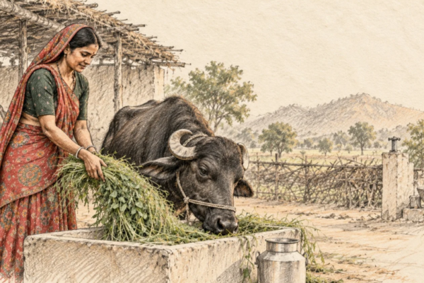 Illustration of a rural Indian woman feeding fodder to a buffalo beside a milk can.