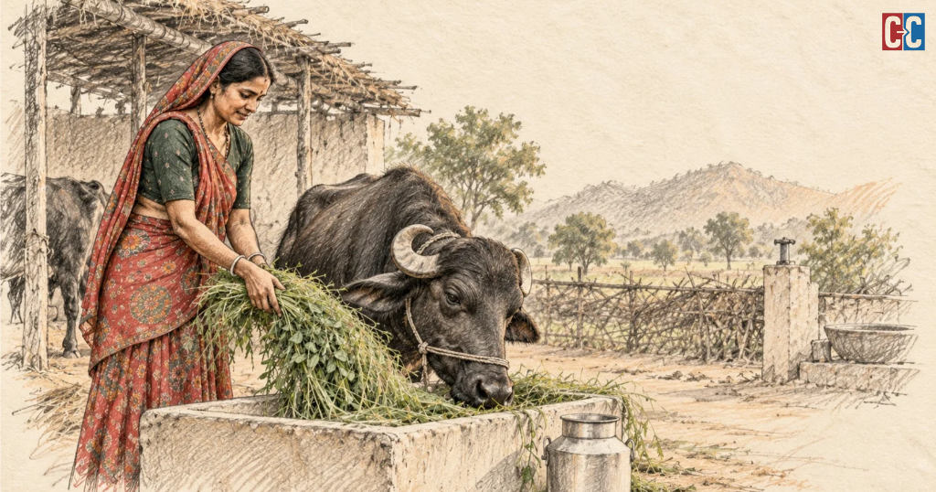 Illustration of a rural Indian woman feeding fodder to a buffalo beside a milk can.