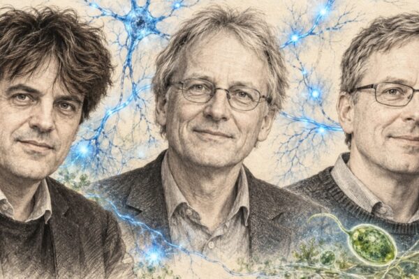 Pencil portraits of Karl Deisseroth, Peter Hegemann and Georg Nagel, with neurons and algae illustrating optogenetics.