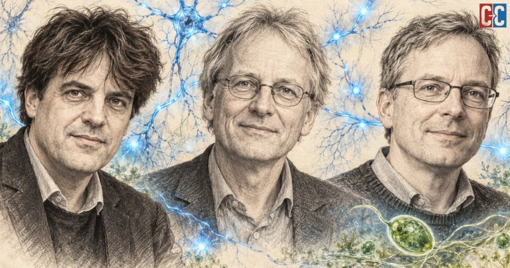 Pencil portraits of Karl Deisseroth, Peter Hegemann and Georg Nagel, with neurons and algae illustrating optogenetics.